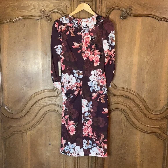 Eliza J Burgundy Purple Pink Floral Dress V Neck Fitted 3/4 Sleeve - Picture 10 of 15